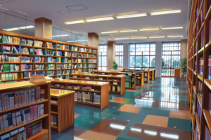 窓からの光が室内を明るく照らす図書館のイラスト。木製の本棚が壁一面に並び、たくさんの本が収納されている。床には光が反射し、清潔感のある空間が広がっている。