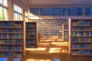 大きな窓から差し込む光が明るい図書室のイラスト。木製の本棚が並び、多くの本が収納されている。床に光が反射し、室内は温かい雰囲気に包まれている。