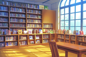 高い窓から自然光が差し込む図書室のイラスト。壁一面に本棚が並び、たくさんの本が収められている。手前には読書用のテーブルと椅子が配置されている。