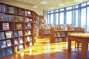 広々とした明るい図書室のイラスト。窓からの光が室内を照らし、木製の本棚には色とりどりの本が並んでいる。中央には円形のテーブルと椅子が配置されている。