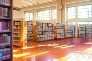 大きな窓から光が差し込む広々とした図書室のイラスト。木製の本棚には多くの本が並び、床に光が反射している。壁には大きな時計が掛かっている。