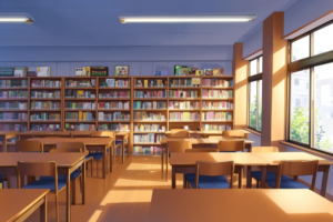 大きな窓から自然光が差し込む図書室のイラスト。木製の本棚にたくさんの本が並べられており、手前には勉強用のテーブルと椅子が配置されている。温かい光が室内を包んでいる。