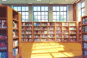 高い天井と大きな窓が特徴的な図書室のイラスト。壁一面に本棚が並び、色とりどりの本が収納されている。床には光が反射し、明るく開放的な雰囲気が広がっている。