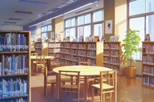 自然光がたっぷり差し込む図書室のイラスト。木製の本棚には数多くの本が並び、中央には円形のテーブルと椅子が配置されている。窓からは市街地の風景が見える。