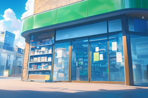 薬局の外観を描いたイラストです。ガラスの扉と窓が特徴的で、窓には様々な薬品や商品がディスプレイされています。上部には緑色の看板があり、店内の様子も少し見えています。晴れた日の明るい空が背景に広がっています。