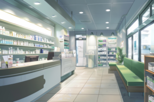 明るい照明とモダンなデザインが特徴の薬局の内部を描いたイラストです。カウンターには薬品が並び、窓際には長いベンチが設置されています。観葉植物も配置され、リラックスできる環境が整えられています。