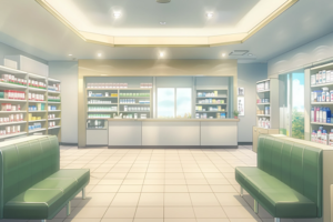 広々とした薬局の内部を描いたイラストです。中央にカウンターがあり、両側には薬品が整然と並べられた棚があります。大きな窓から自然光が差し込み、明るく清潔な空間を提供しています。
