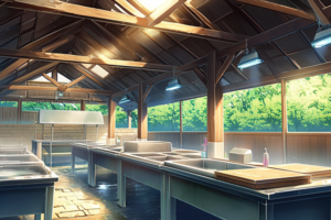 広々とした屋内キッチンエリアのイラスト。木製の屋根と柱が特徴的で、大きなシンクや作業台が配置されています。窓からは外の緑が見え、キャンプ場の快適な調理スペースとして機能しています。