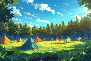 晴れた日の広々とした草原にカラフルなテントが立ち並ぶキャンプ場のイラスト。緑の木々に囲まれた中央には焚き火が燃えており、アウトドアの楽しさが伝わる風景。