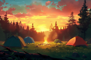 夕焼けの中、森林に囲まれたキャンプ場のイラスト。カラフルなテントが並び、中央には焚き火が燃えている。オレンジ色に染まった空が美しい、静かな夕暮れの風景。