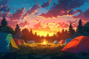 鮮やかな夕焼けが広がる空の下、緑豊かな森林の中に設置されたテントが並ぶキャンプ場のイラスト。焚き火が中央で燃えており、キャンプの夜の雰囲気を感じさせる風景。