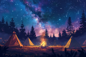 星がきらめく夜空の下、森林の中に設置されたテントが並ぶキャンプ場のイラスト。中央には焚き火が燃え、その周りを囲むテントが温かい光に包まれています。背景には美しい銀河が広がり、幻想的な雰囲気を醸し出しています。