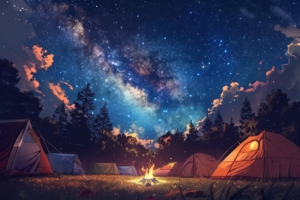 満天の星空の下、カラフルなテントが立ち並ぶキャンプ場のイラスト。中央の焚き火が暖かく照らし、周囲のテントが夜の静けさの中で輝いています。天の川が空一面に広がり、ロマンチックな夜の風景が描かれています。