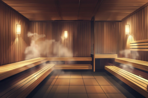 フィットネスクラブのサウナ。木製のベンチが壁に沿って配置され、温かい光が柔らかく照らし出す中、蒸気が漂うリラックスできる空間が広がっている。