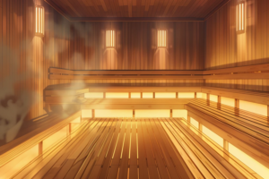 フィットネスクラブのサウナ。木製のベンチが階段状に配置され、柔らかい照明が温かい雰囲気を演出している。蒸気が漂う中でリラックスできる空間が広がっている。