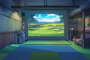ゴルフ練習シミュレーターのイラスト。ゴルフ場の風景がスクリーンに映し出され、シミュレーションゴルフの設備が配置された室内が描かれています。