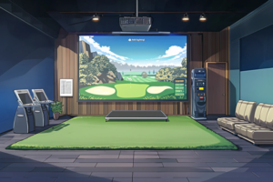 ゴルフ練習シミュレーターのイラスト。山と青空が広がるゴルフ場の風景がスクリーンに映し出され、シミュレーションゴルフの機器とソファが配置された室内が描かれています。