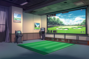 ゴルフ練習シミュレーターのイラスト。緑豊かなゴルフ場の風景がスクリーンに映し出され、ゴルフシミュレーターの機器とソファが配置された部屋が描かれています。