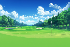 ゴルフコースのイラスト。広々とした緑のフェアウェイと青い空、そして白い旗が立つゴルフホールが描かれています。