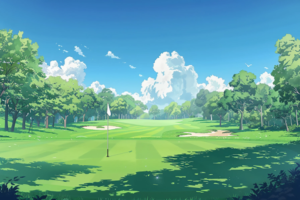 ゴルフコースのイラスト。緑豊かなゴルフコースと青い空、白い旗が特徴的なホールが描かれています。