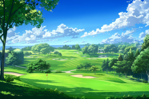 ゴルフコースのイラスト。起伏のある緑のフェアウェイと青空が広がり、遠くには樹木が並ぶ風景が描かれています。
