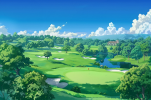 ゴルフコースのイラスト。広大な緑のフェアウェイと池、そして青空が描かれています。