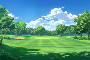 ゴルフコースのイラスト。緑豊かなコースと青空、遠くに見える建物が特徴的な風景が描かれています。