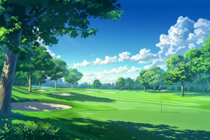 ゴルフコースのイラスト。青い空と緑のフェアウェイ、そして白い旗が立つゴルフホールが描かれています。