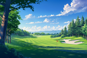 ゴルフコースのイラスト。木々に囲まれた緑のフェアウェイと青空が広がる風景が描かれています。