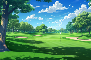 ゴルフコースのイラスト。緑豊かなコースと青空、そして白い旗が立つホールが描かれています。