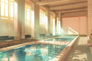 清潔感あふれる温泉施設の内部を描いたイラスト。明るい光が大きな窓から差し込み、浴槽の水面が美しく輝いている。シンプルでモダンなデザインの施設内には、快適な雰囲気が漂っている。