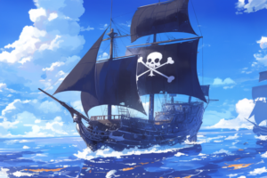 青い空と白い雲を背景に、黒い帆を持つ海賊船が航行しているイラスト。帆には白いドクロと交差した骨のマークが描かれています。