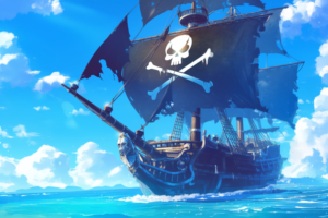 明るい青空の下、風を受けて進む黒い帆を持つ海賊船のイラスト。帆には白いドクロと交差した骨のマークがあり、船首には人魚の像が飾られています。
