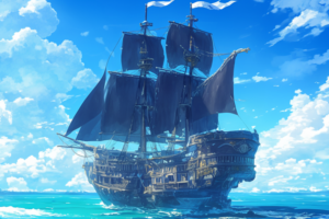 青空と白い雲を背に、黒い帆を広げて進む豪華な海賊船のイラスト。船のデザインは詳細で、帆は強風にたなびいています。