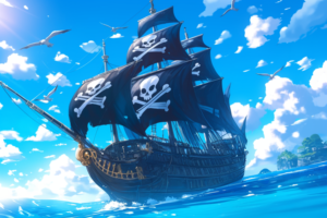 明るい青空の下、黒い帆を持つ海賊船が波を切って進むイラスト。帆には複数の白いドクロと交差した骨のマークが描かれ、背景には海鳥が飛んでいます。