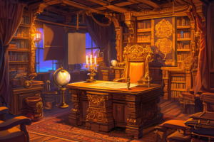 豪華な装飾が施された海賊船の船長室のイラスト。大きなデスクと椅子が中央に置かれ、壁には本棚や地球儀、キャンドルスタンドが並んでいます。窓からは青い海が見えます。