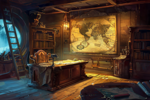 古い世界地図が壁に掛けられた海賊船の船長室のイラスト。デスクの上には古い書類が広がり、本棚には多くの本が収納されています。部屋の雰囲気は薄暗く、窓から冷たい海が見えます。