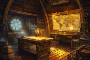 海賊船の船長室のイラスト。木製のデスクと椅子が中心に置かれ、壁には大きな世界地図が掛けられています。部屋には暖かい光が差し込み、落ち着いた雰囲気が漂っています。