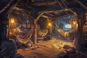 海賊船のクルーの寝室のイラスト。複数のハンモックが吊るされており、木製の柱や床が古い船の雰囲気を醸し出しています。ランタンが暖かい光を放っています。