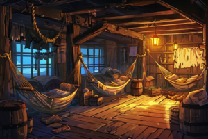 暮れ時の海賊船のクルーの寝室のイラスト。ハンモックが並び、床には木箱や樽が置かれています。窓からは青い海が見え、ランタンの明かりが暖かさを添えています。