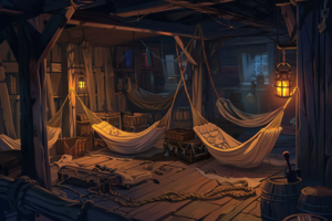 海賊船のクルーの寝室のイラスト。複数のハンモックが吊るされ、床にはロープや荷物が散らばっています。ランタンの光が部屋を照らし、窓からは夜の景色が見えます。