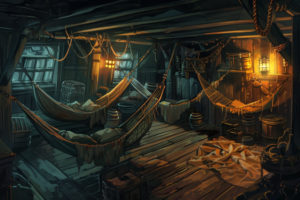 海賊船のクルーの寝室のイラスト。ハンモックが並び、木製の家具や樽が置かれています。暗い雰囲気の中にランタンの暖かい光が灯っています。