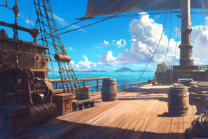 青い海と空を背景にした海賊船の甲板のイラスト。木製のデッキには樽や箱が並び、船の設備が見えます。遠くには島々が見えます。