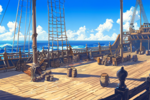 青い海と空を背景に、広々とした海賊船の甲板のイラスト。樽やロープ、箱が整然と並び、マストが高くそびえています。遠くには波が見えます。