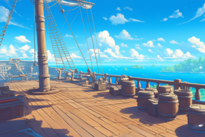 明るい青空の下、木製の甲板に樽や箱が並ぶ海賊船のイラスト。マストとロープが船の高さを強調し、遠くには緑の島々が見えます。