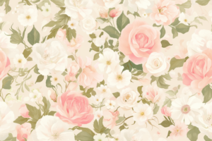 淡いピンクと白のバラが描かれた花柄の背景。優しい色合いの花々が全体に配置され、ロマンチックなデザイン