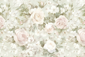 白と淡いピンクのバラが描かれた花柄の背景。ナチュラルな色合いで描かれた花々が、柔らかい雰囲気を演出している