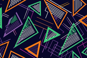 黒い背景に緑、オレンジ、紫の三角形が配置された幾何学模様。ストライプやラインがアクセントとなり、モダンな雰囲気を醸し出している