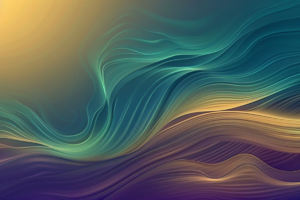 紫色から黄色へのグラデーションを背景に、波打つ曲線が立体感を持って描かれた抽象的なデザイン。