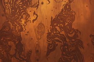 深みのある茶色の木目模様の背景。大胆な模様が描かれており、独特の雰囲気を持つデザイン